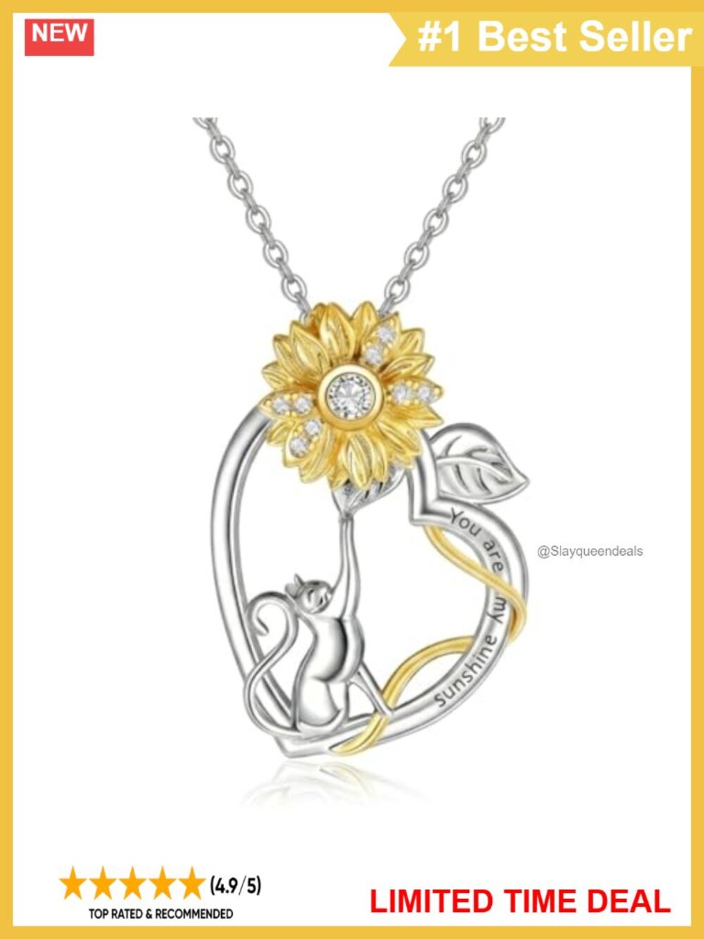 Sterling Silver Sunflower Cat Pendant Necklace 18K Plating Moissanite